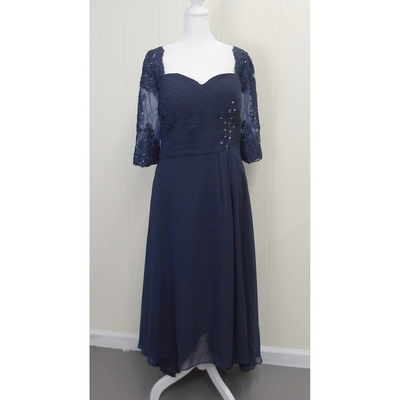 Elegant Navy Blue Formal Dress Lace Sleeve Evening Gown Size 16+ /#8194 - Picture 1 of 8